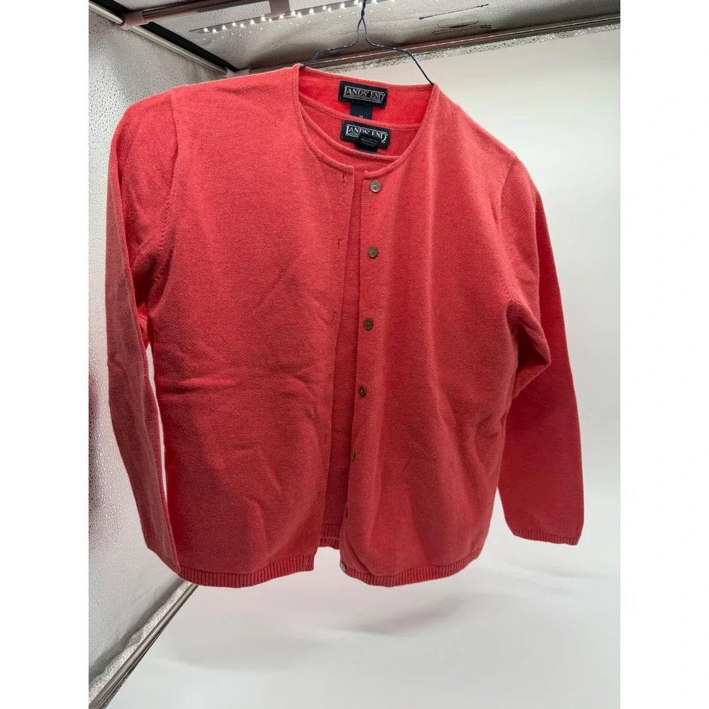 Lands End‎ Coral Pink Sweater Twin Set Cardigan Pullover Petite Medium 10-12